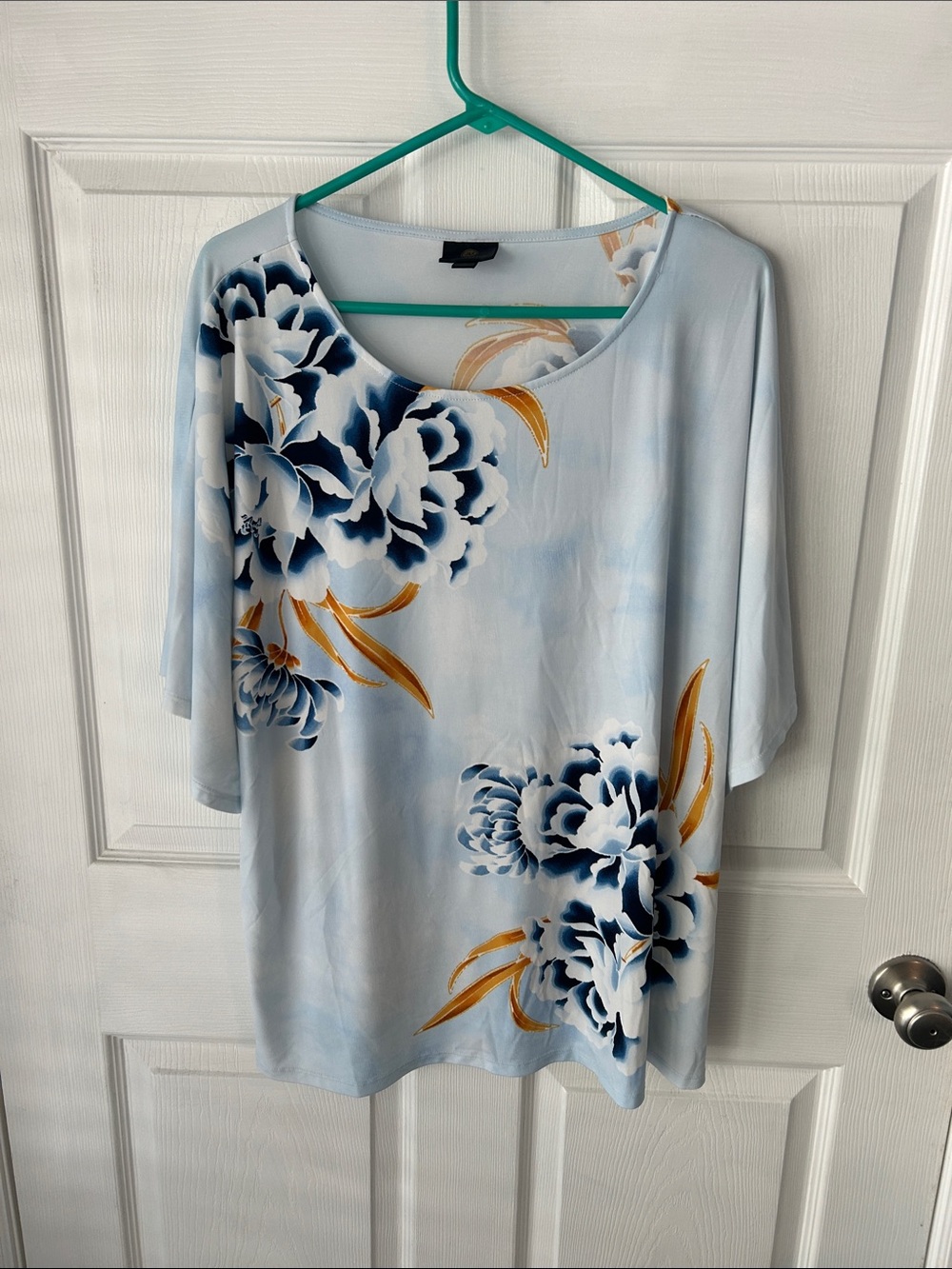 JM Collection Light Blue Floral Scoop Neck Top with Navy and Gold Accents
